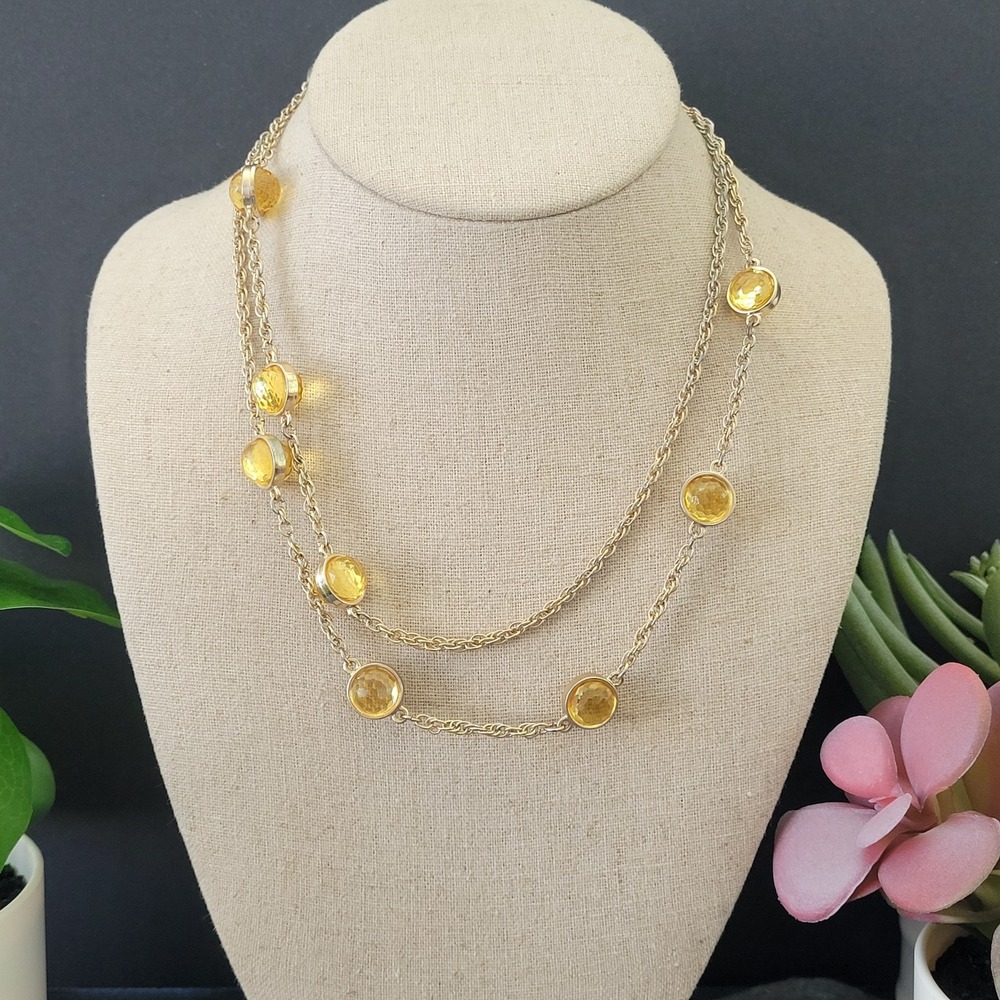 J.Crew Yellow Crystal Station Necklace Gold Tone Double Strand 34" Signed